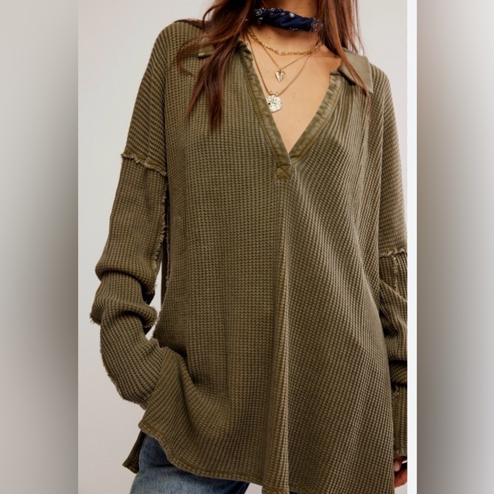 Free People We The Free Travis Polo Oversized Waffle Knit Tunic Olive Small